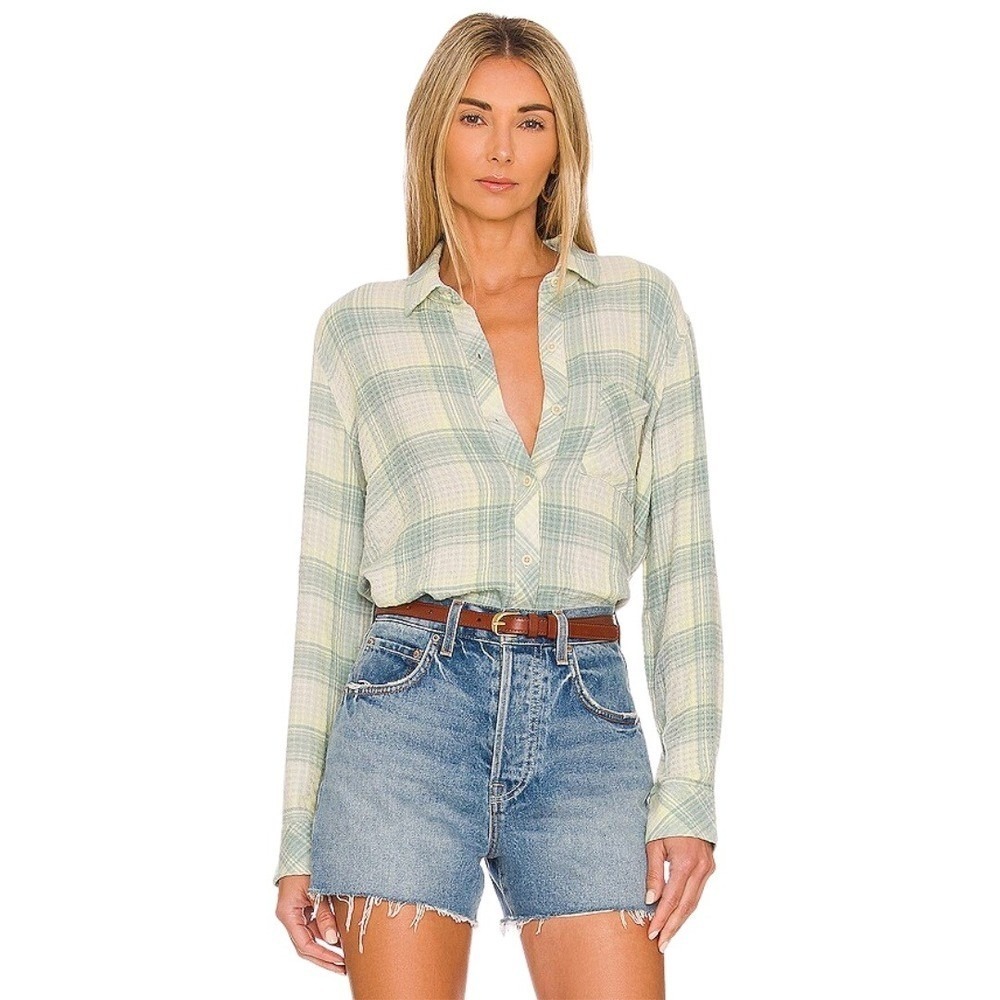 Rails Shirt‎ Womens XS Blue Yellow Brady Plaid Gauze Knit Button Up Shirt Beachy